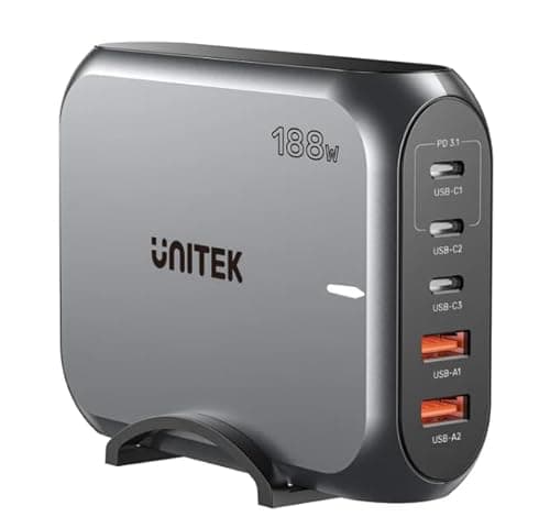 UNITEK 188W PD3.1 Desktop GAN Charging Station 5-Port GAN Charging with Stand Supports Fast Charging & 140W for MacBook PRO 2