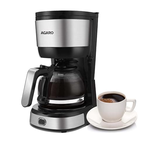 AGARO Royal 4 Big Cups Drip Coffee Maker, 600 Ml Borosilicate Glass Carafe Jar, 750W, Water tank with Level Indicator, Brewer Machine with Cone Filter, Auto Shut Off, Steel Body, Black & Silver