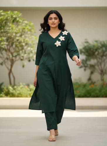 DESI BLOOM Women's Pure Cotton Kurta Pant Set, V-Neck, Embroidered, 3/4 Sleeves, Straight Kurta, Ethnic Co-Ord Set for Daily, Office, Festive (IN, Alpha, L, Regular, Bottle Green) 3