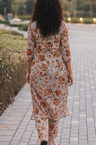 Women’s Floral Printed Kurta Pant Set – Stylish Ethnic Co-Ord Set for Daily & Casual Wear (in, Alpha, 2XL) Off White 2