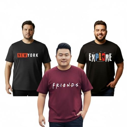 Khakey Men's Round Neck Half Sleeve Pure Cotton Plus Size T-Shirt| Charcoal Melang, Maroon, Black Tshirt | Pack of 3