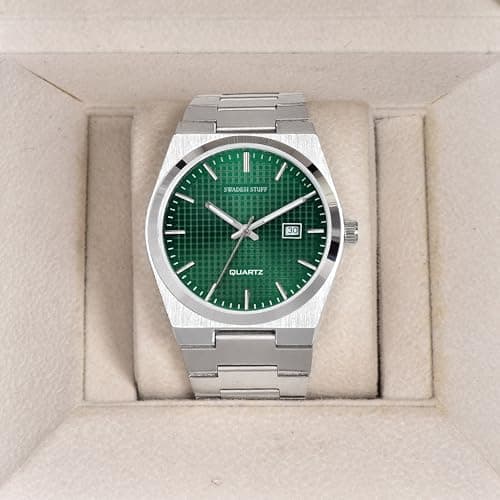 SWADESI STUFF Stainless Steel Date Display Mens Wrist Analogue Watch (Blue), Dial-Color:Multicolour, Band Color:Silver (Green) 2