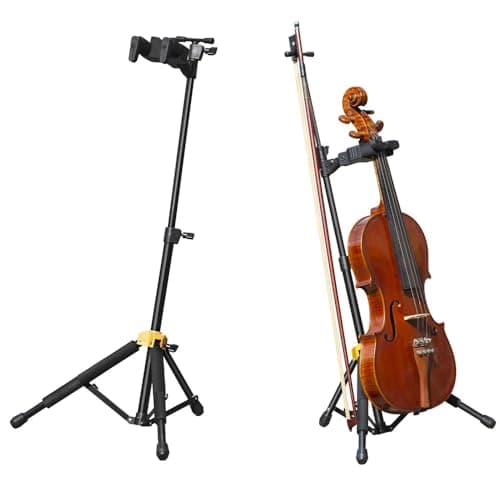 Foiltech Violin Stand with Bow Holder Height Adjustable with Automatic Locking Hook & Soft Pad Material