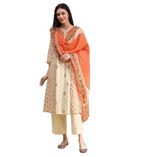 Biba Women Beige Cotton A-Line Printed Kurta Set_34