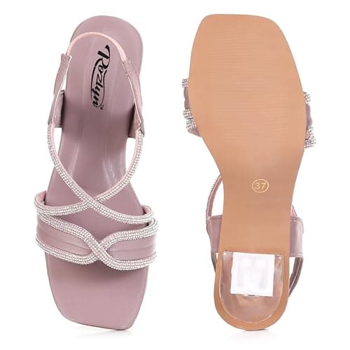 ROZLYN Women's Synthetic Crystal Sandal, Square Toe, Block Heel, Criss-Cross Diamante Straps, Slingback Elastic, Elegant Party and Casual Wear (Pack Of 1) (Pink, UK Footwear Size System, Adult, Women, 2