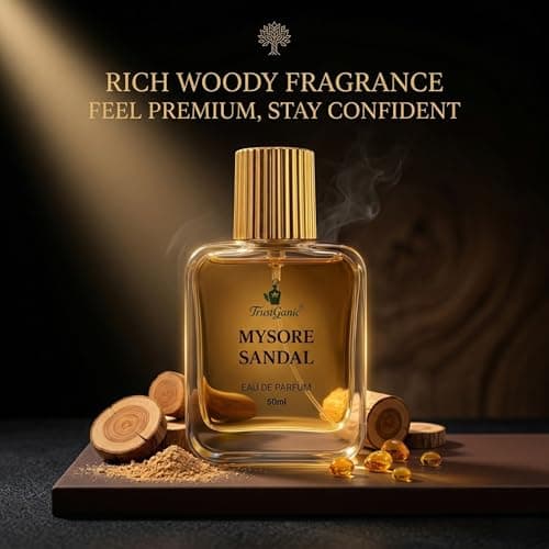 TrustGanic Mysore Sandal Perfume for Men & Women 50ml | 10+ Hours Long Lasting Sandalwood Eau de Parfum | Pure Chandan Fragrance with Woody & Earthy Scent | Natural Perfume | Gift Pack 5