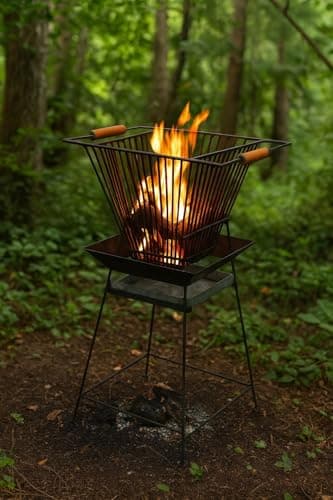 Outdoor Metal Fire Pit Basket, Square, Black, Powder Coated, Wood/Charcoal Fuel, Modern Industrial, with Wooden Handles, for Patio, Garden, Camping (33.4LX54.8BX91.4H) Cm 2