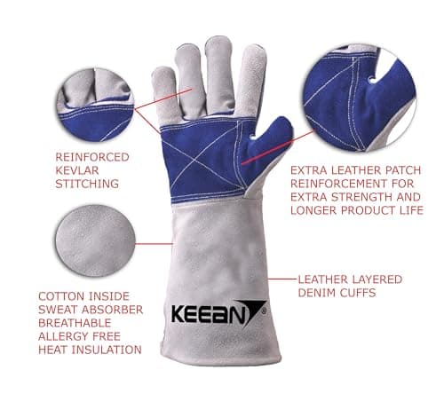 KEEAN MIG/ARC/TIG Welding 16 Inch Gloves with Extra Padded Palm Leather High Temperature Hot Thermal Work Safety Heavy Duty Heat&Fire Resistant at 350°C Leather Cut Proof Gaunlets. 3