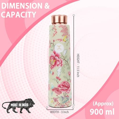 MERCAPE® - 100% Pure Joint Less Copper Bottles for Water with Leak Proof Lid | Ayurveda BPA Free & Non Toxic | Ayurvedic Office | Flower Print Bottle | Hiking Treking Bottle - 900ml 5