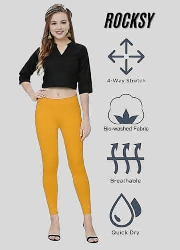 ROCKSY Tailored Cut & Slim Fit Solid Stretchable Cotton Mustard Yellow Leggings for Women Ankle Length with Wide Elastic Waistband |Western and Ethnic wear Ankle Length Leggings |Fashionwear|Size_L| 3