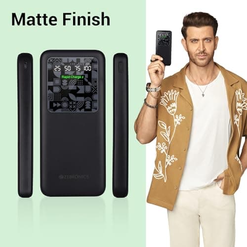 ZEBRONICS MB10000S15 Power Bank, 10000 mAh, Rapid Charge, 22.5W Output, Dual USB Output, PD 3.0 Type C, Built in Protections, Percentage Indicator, Made in India, Black 2