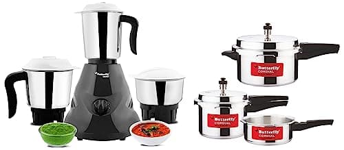 Butterfly Cordial 2 L, 3 L & 5 L Non Induction Bottom Outer Lid Pressure Cooker (Aluminium, Silver), Small & Butterfly Hero Mixer Grinder, 500W, 3 Jars (Grey)