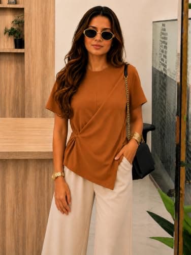 Zilcon Women's Plum Twist-Knot Asymmetrical Trendy T-Shirt for Women & Girls (in, Alpha, XL, Regular, Light Brown) 5