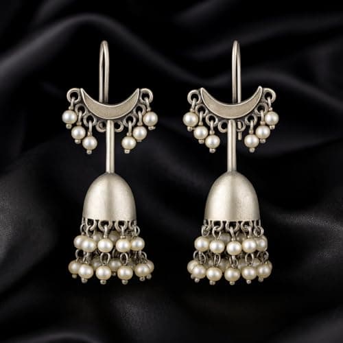 Taarini Silver Replica Chand Jhumka Earrings with Pearls, Premium Silver Look Earrings for Women & Girls, Sturdy Antique Finish Traditional Ethnic Jewellery 3