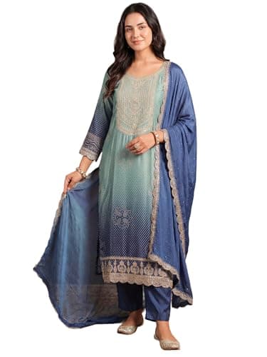 INDO ERA Women's Cream Cotton Blend Floral Printed Straight Fusion Kurta & Palazzo Set