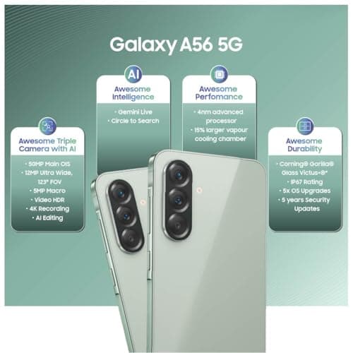 Samsung Galaxy A56 5G (Awesome Olive, 8GB, 128GB) | Awesome Intelligence: Circle to Search, Intelligent Editing | Awesome 6 OS & 6 Years Security Updates | IP67 5