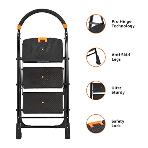 Amazon Basics Clamber-Foldable Step Ladder, Safety-Clutch Lock, Ribbed Steps, Knee Guard, Non-Marring PVC Shoes, 3 Steps (Steel, Black&Orange, Iron&Plastic) 2