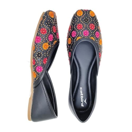 CatBird Women's Black Designer Emboidery with Stone Work Punjabi Jutis 8 UK 5