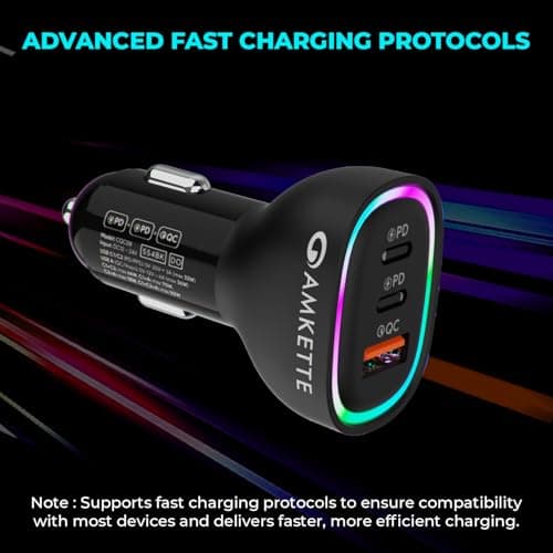 MOZEN by Amkette PowerPro 60W Car Charger, 3 Port (Dual Type C + USB A) Car Charger Socket, Fast Charging, ABS Build, Safety Protections, Multi-Device Compatible - Mobiles, Tablets & More 3