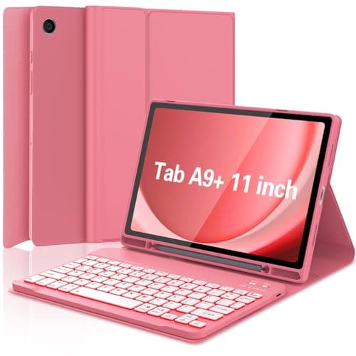 Keyboard Case for Samsung Galaxy Tab A9 Plus 5G 11 inch 2023 (SM-X210/X216/X218), 7 Color Backlit Detachable Keyboard Bluetooth, Smart Folio Cover with S Pen Holder for Galaxy Tab A9+ 11"(Dark Pink)