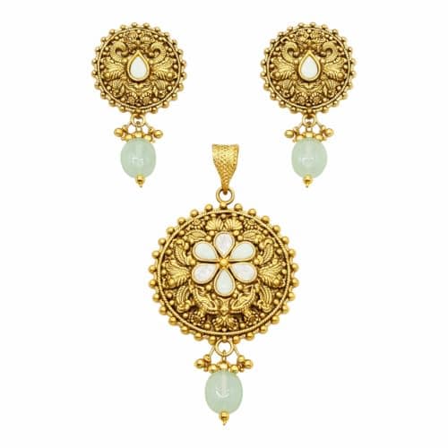 KANISHK JEWELLERS Antique Gold Finished Sterling Silver 92.5 Ethnic Pendant Jewelry Set with Green and White Gemstone Accents
