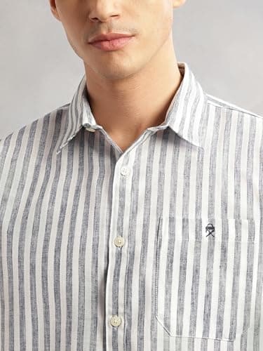 Thomas Scott Men’s Slim Fit Casual Shirt | Cotton Linen Fabric | Vertical Stripes | Long Sleeves | Spread Collar (TS1385_Navy_M) 5