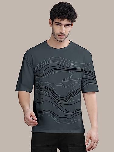 BULLMER Trendy Front Printed Oversized Round Neck T-Shirt for Men - Dark Grey/Medium 4