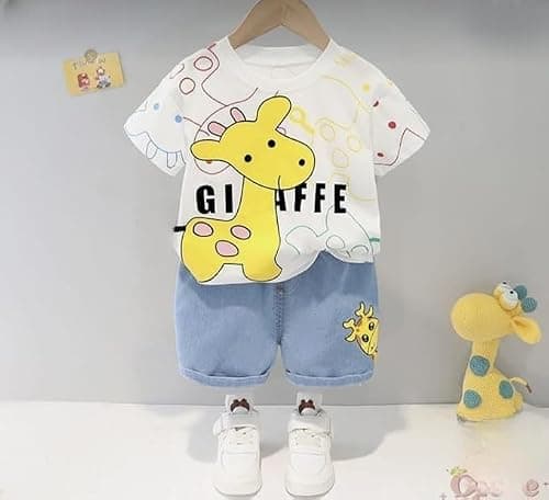 Jaganath Creations Kids Dress for Boys | Round Neck Half Sleeves Cotton Printed T shirt with Denim Shorts (White/, 3-6 month) 2