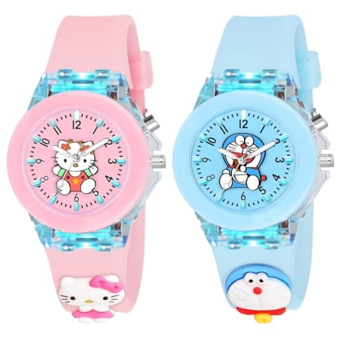 GOLDENIZE FASHION Analog Multicolour Glowing Disco Light Dial Watch for Boys & Girls 3D Cute Cartoon Analog Watch for Girls-Boys Kids Combo of 2 (Sky Blue)