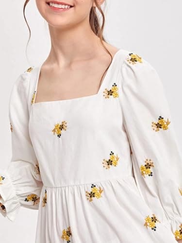 SKYCARRY Girls Cotton Midi Dress Ages 5 to 14 Years White Floral Embroidery Square Neck Western Outfit Stylish Kids Clothing Summer Beach Birthday Fashion Frocks for Children 3