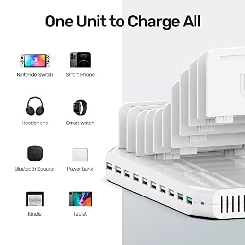 iPad Charging Station, Unitek 96W 10-Port USB Charging Dock Hub with Quick Charge 3.0, Charging Stand Compatible Multiple Device, Charging 8 iPads Simultaneously - White [Upgraded Divider] 4