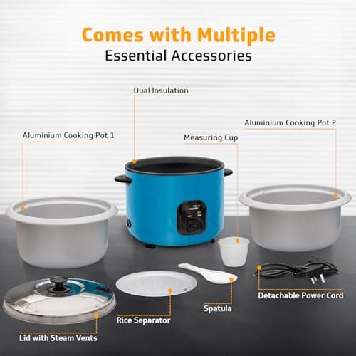 V-Guard VRC 2.8-Litre Electric Rice Cooker with 1000 W Power, 2 Pots, Spatula, Rice Separator | 5-Year Heating Plate & 2-Year Product Coverage by V-Guard | Automatic Cooking with Double-Layer Body & C 3