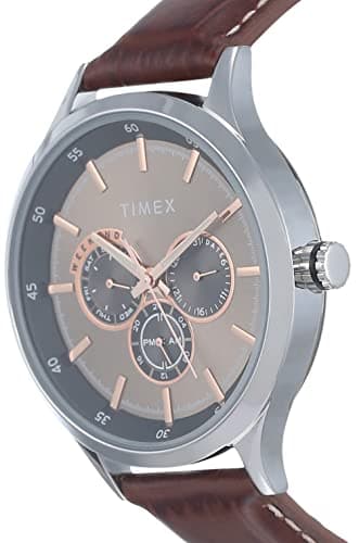 TIMEX Analog Watch for Man with Grey Round Dial & Brown Leather Strap Band Water Resistant Men's Wrist Watches - TW000T309 2