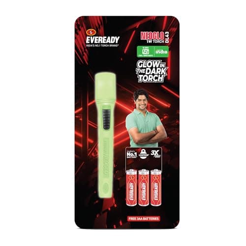 EVEREADY DL43 Neoglo, 1W Emergency Torch, Eveready’s 1st Glow-in-The-Dark Flashlight, Durable ABS Phosphorescent Body, Bright White LED, Powered by 3xAA Eveready Batteries (Included)