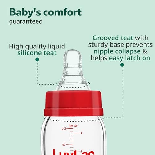 LuvLap Natura Flo Wide Neck Glass Feeding Bottle, New Born/Infants/Toddler Upto 3 Years, BPA Free, Ergonomic Shape is Easy to Hold, with Anti Colic Nipple, Pack of 2, 150ml 3