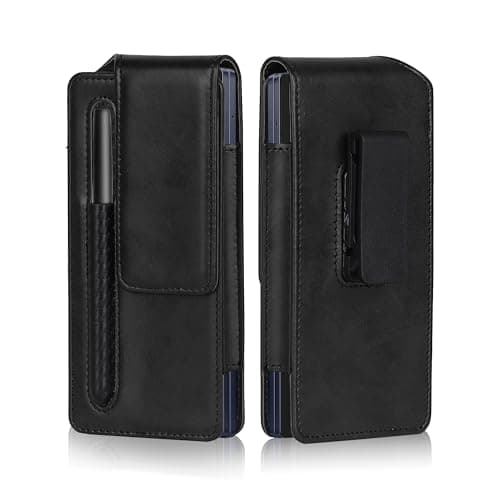 TDG Fold Phone Belt Pouch for Samsung Galaxy Z Fold 7 / Fold 6 / Fold 5 / Fold 4 | PU Leather Mobile Holster with Rotating Belt Clip, Pen Holder & Magnetic Closure | Waist Phone Case for Men (Black)