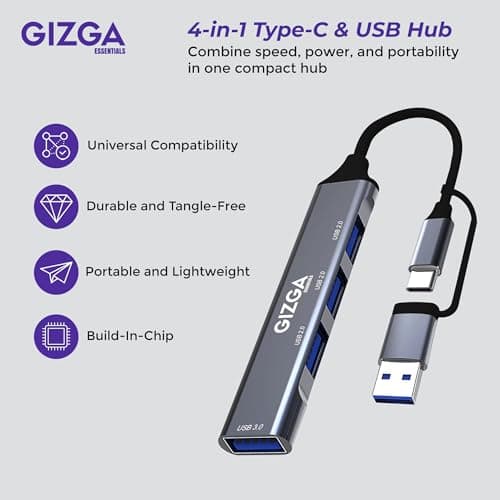 Gizga Essentials 4-in-1 USB C & USB A HUB with USB 3.0 5Gbps High-Speed Port & Dual USB 2.0, Multiport USB Adapter with Smart Chip, Plug & Play, Aluminum Build| Universal for Laptop MacBook Tablet 2