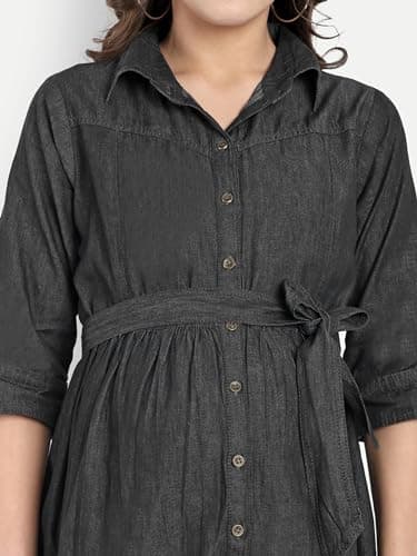 MAMMA'S MATERNITY Women's Cotton Denim Maternity Feeding Dress with Nursing Zippers Comfortable Breastfeeding Dress for Pregnancy Pre and Post Pregnancy Wear (Black, M) 5