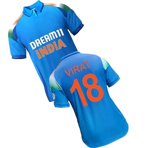 Sports Boys Cricket Virat 18 India ODI Jersey Collar Neck T-Shirt (Kid's, Boy's & Men's) (7_8 Years, Multicolor)