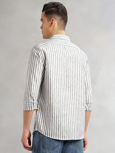 Thomas Scott Men’s Slim Fit Casual Shirt | Cotton Linen Fabric | Vertical Stripes | Long Sleeves | Spread Collar (TS1385_Navy_M) 2