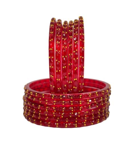 Tanush Women's Plain And Glossy Finished Raindrop Glass Bangles Set Premium Textured Shining Bangles With Bead Detailing Traditional Ethnic Chudi For Daily Wear Party Festive Use Set Of 12 Pcs (Red, 2 3