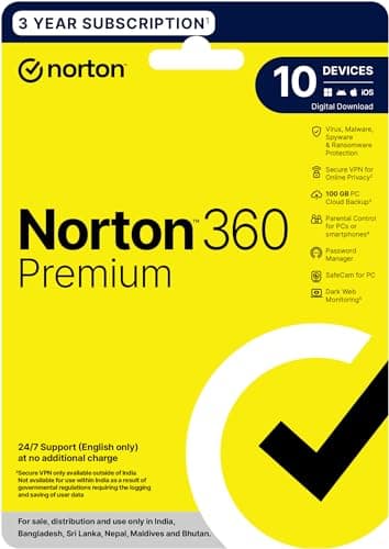 Norton 360 Premium|10 Users 3 Years|Includes Advanced AI Scam Protection, Total Security for PC, Mac, Android or iOS|Additionally Includes Password Manager,PC Cloud Back Up, SafeCam for PC