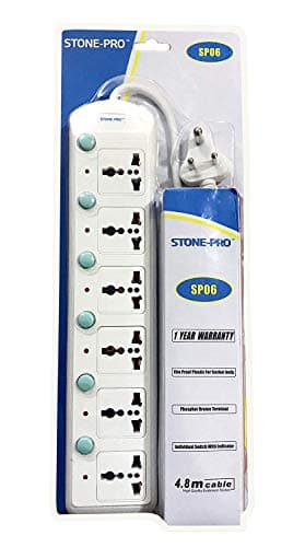 STONE-PRO 250V 6-Socket 4.8M Extension Cord, 2500W MAX, Individual Switch, Adaptable to All Countries, Flex Box, Spike Buster