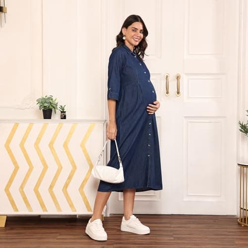 MomToBe Women's Cotton Maternity Denim/Pregnancy Dress/Easy Breastfeeding/Western Dress with Zippers for Nursing Pre and Post Pregnancy (Dark Blue - Large) 2
