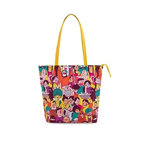 Chumbak Colorful Faces of India Tote Bag – Canvas Shoulder Bag, Ethnic Yellow Print, Stylish, Durable & Roomy for Daily Use