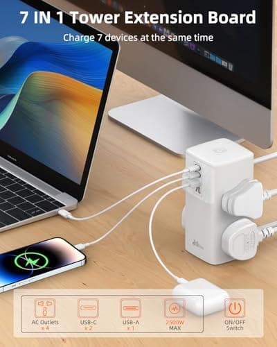 Hoteon Tower Extension Board, 2500W/10A Extension Cord with GaN Technology, 70W USB C Power Strip with 4 Universal Sockets, 2*70W PD&1*30W QC Fast Charging, 2M Surge Protection Board for Home, Office 2