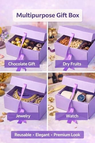 1 Piece Purple Magnetic Gift Box with Ribbon for Birthday & Wedding Hamper, Collapsible Premium Gift Box for Return Gifts & Packaging (25 x 20 x 10 cm) (PURPLE) 3