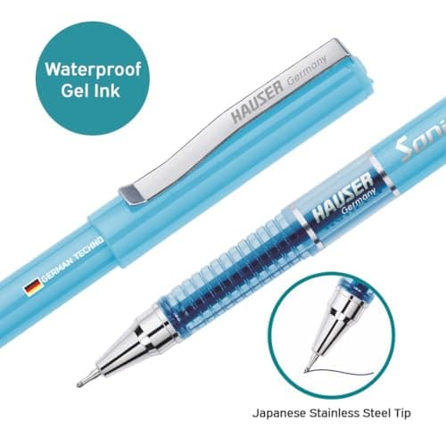 Hauser Sonic 0.55mm Gel Pen Blister Pack | Attractive Foiled Body | Stylish Metal Clip | Refillable & Waterproof Gel Ink | German Technology For Smooth & Effortless Writing | Blue Ink, Set of 10 Pens 4