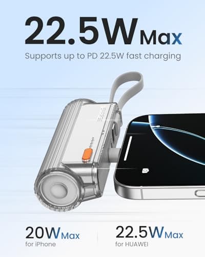 Sharge Flow Mini 2 Power Bank, Portable Charger 22.5W PD Fast Charging with Dual Plugs and Built in Cable 5000mAh Small Battery Pack USB-C Lightning for iPhone 17/16/15/14 Galaxy S25 AirPods 2