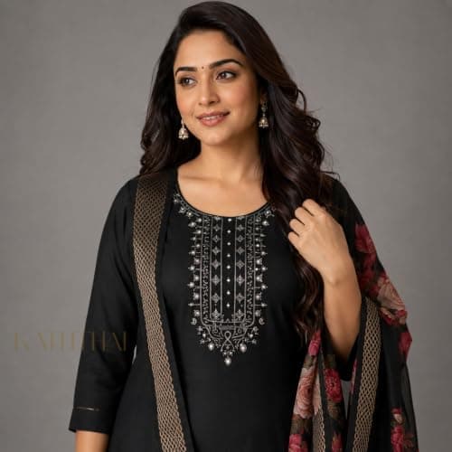 Kaththai Women Embroidered Kurta and Pant Set with Dupatta | Ethnic Suit Set for Women | Floral Printed Organza Dupatta | Festive, & Traditional Kurta Set 2